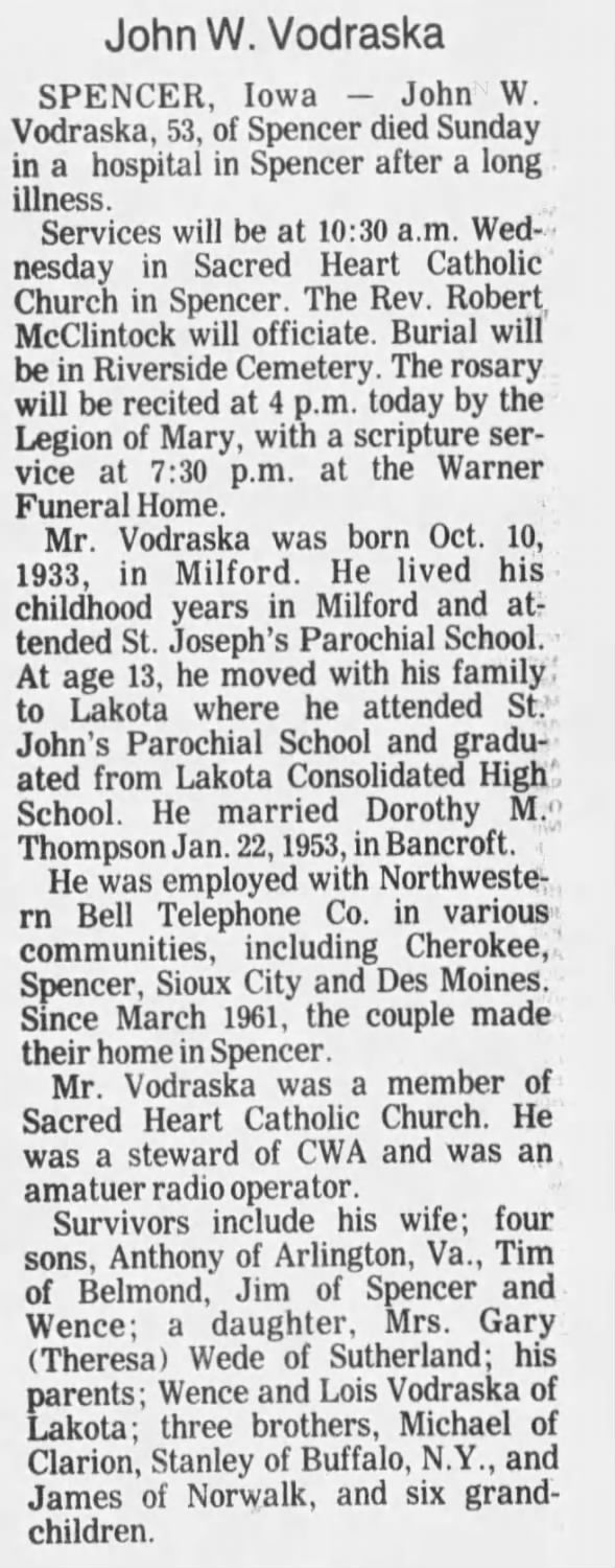 Obituary for John W. Vodraska (Aged 53)
